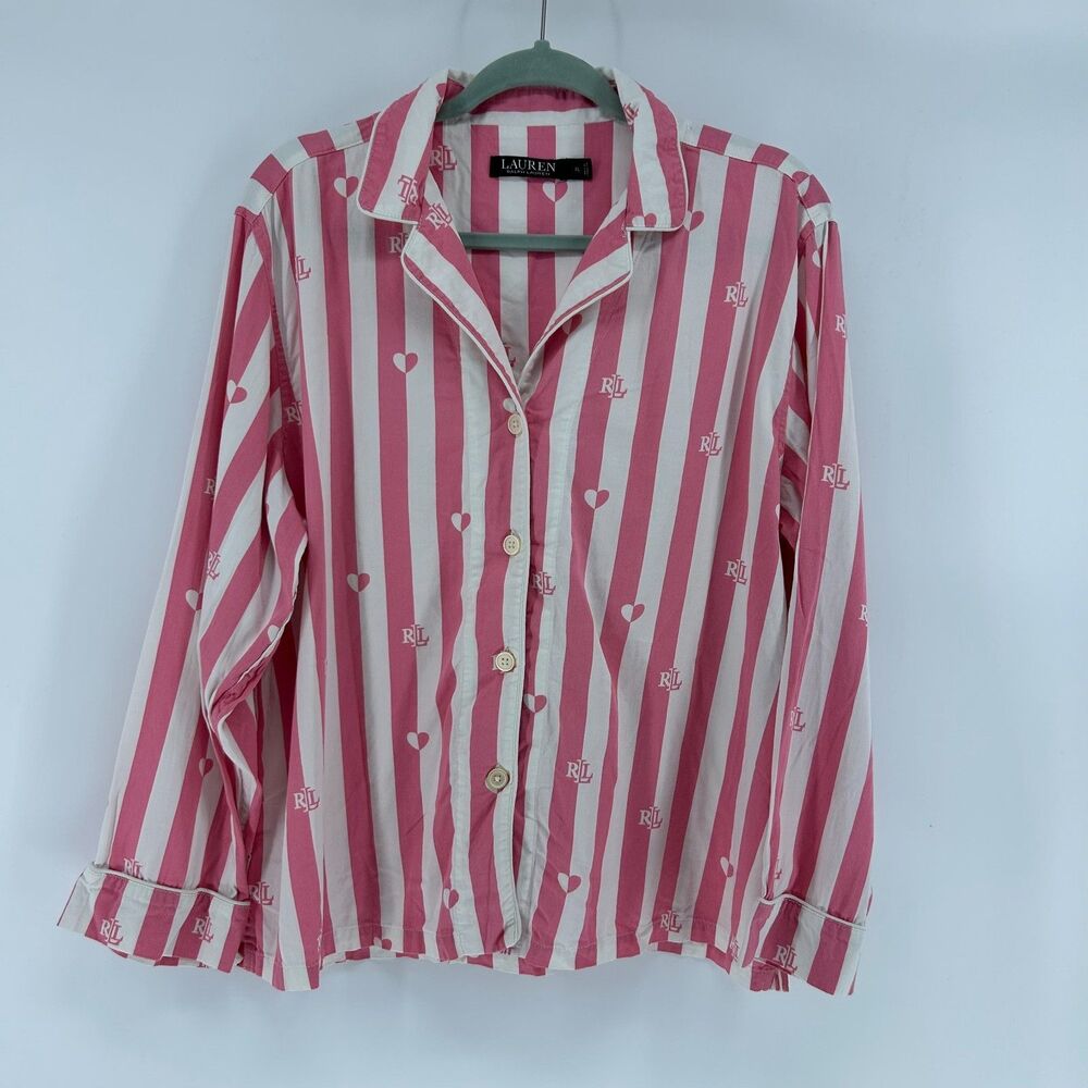 Lauren Ralph Lauren Pajama Top Sleep Shirt Women's XL Striped Pink White Heart